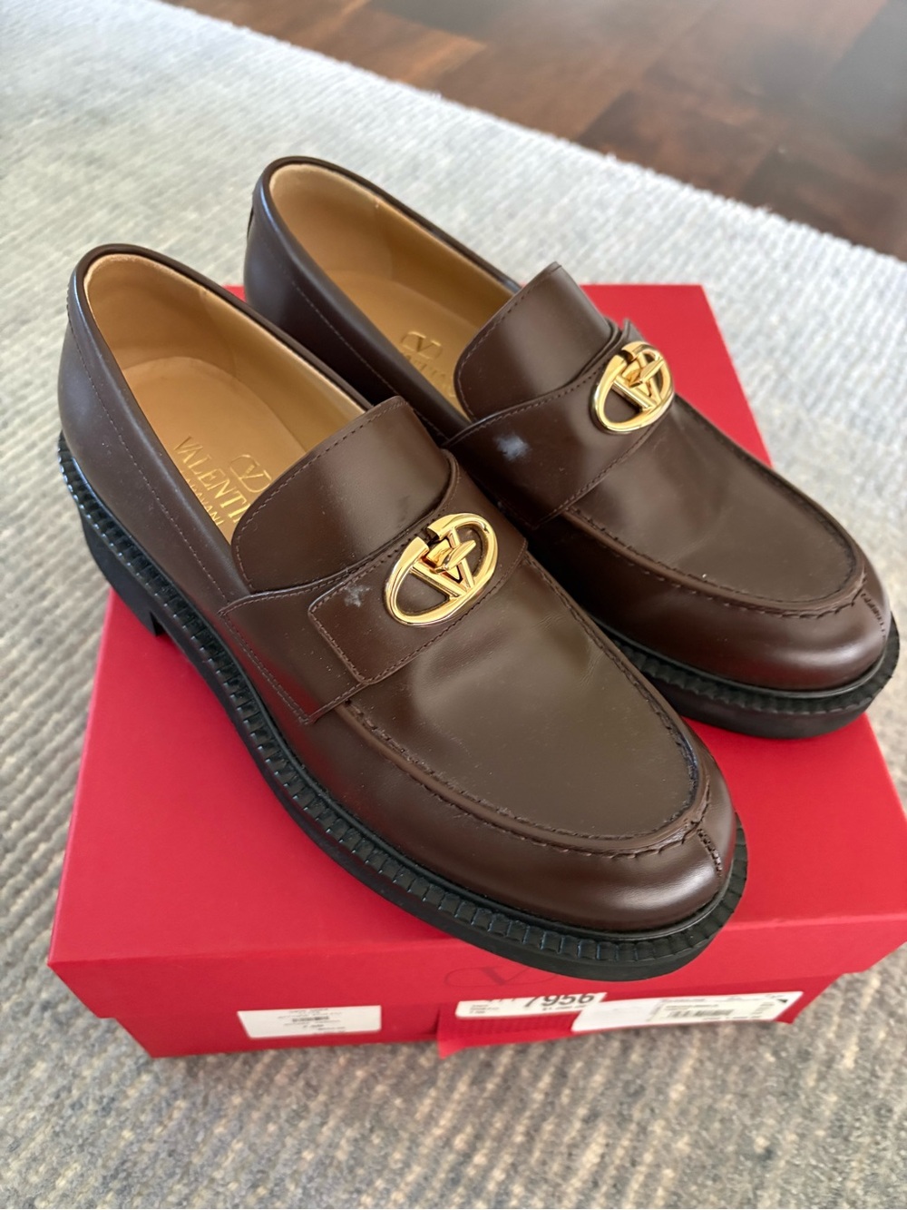 Valentino Brown Leather Loafers with Gold Logo Hardware